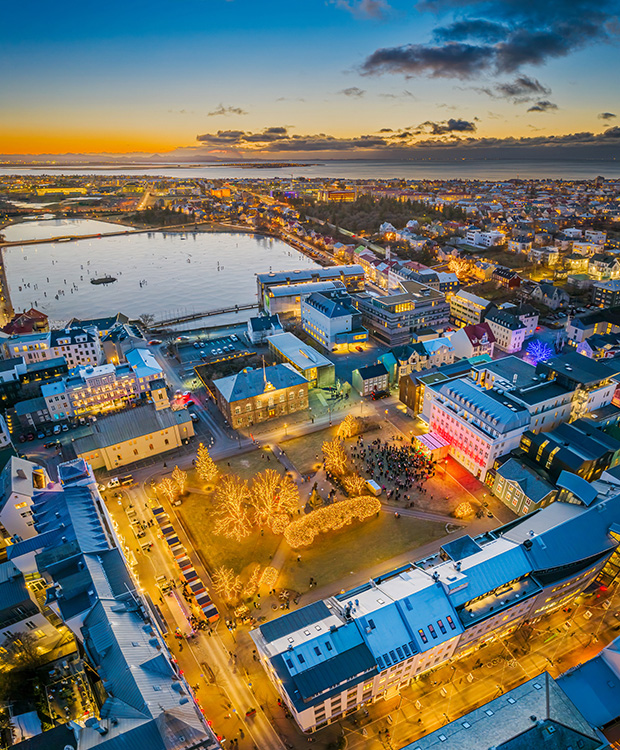 Aerial photo by Ragnar Th. Sigurðsson of Austurvöllur and Tjörnin decorated for Christmas.