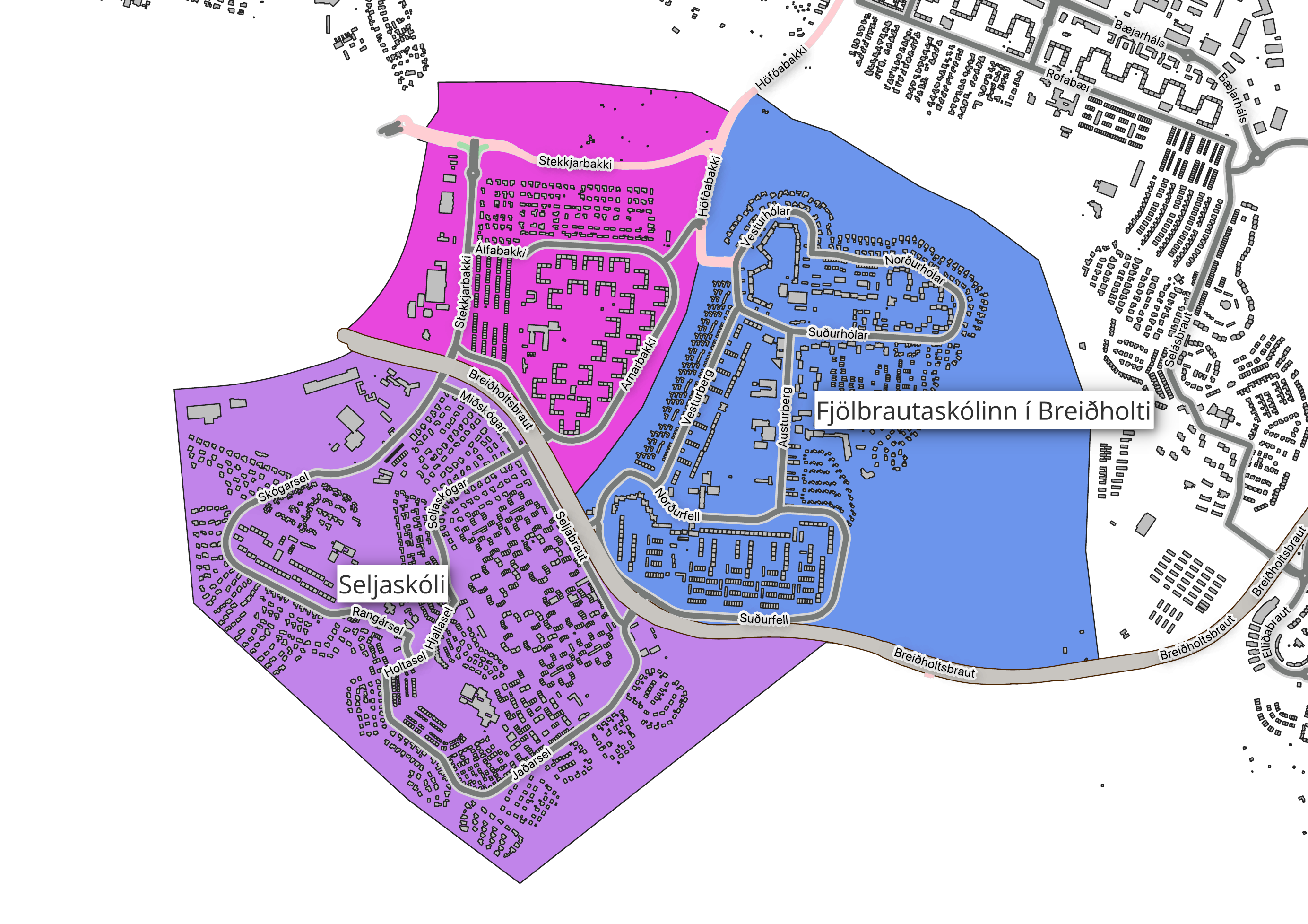 A map of Breiðholt highlighting the two new polling stations, Seljaskóli and FB.