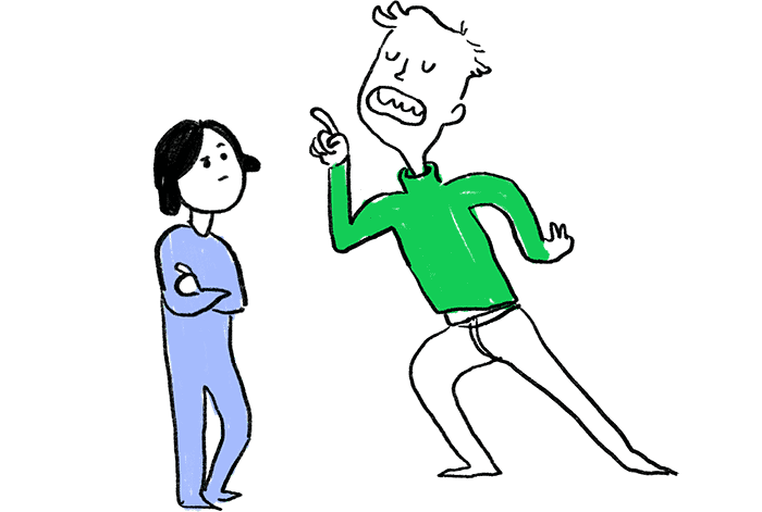 Drawing a person pointing at and speaking condescendingly to another person.