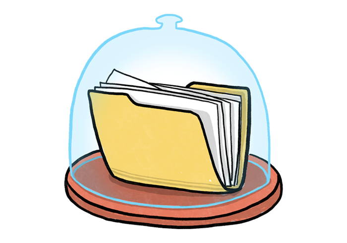 Folder in glass dome.