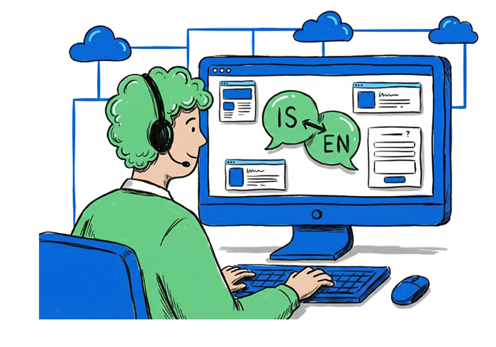 Illustration of a staff member at a computer working on translations.