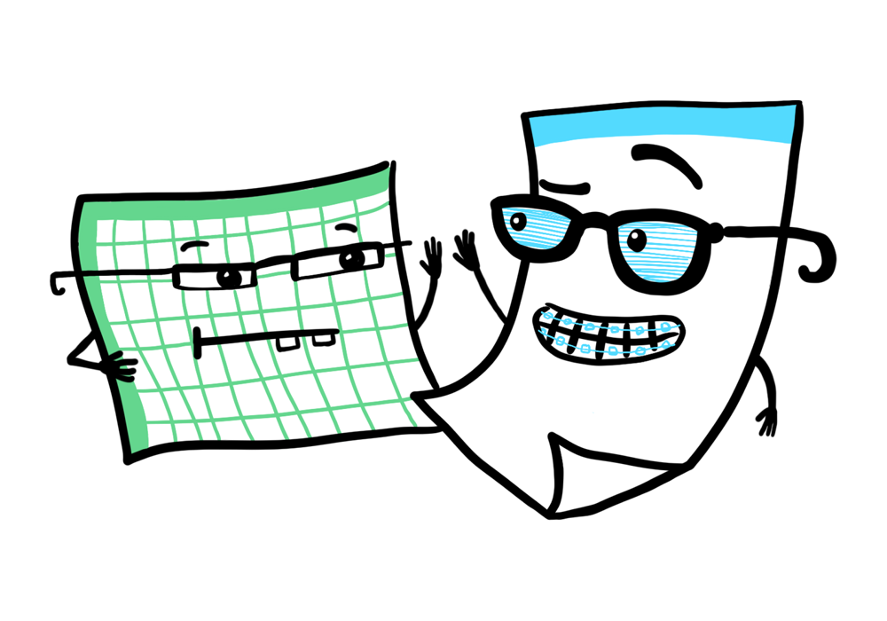 Illustration of an Excel file and Word file looking at each other.