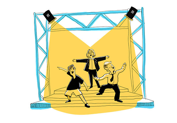 Teikning af krökkum á sviði í Skrekki.