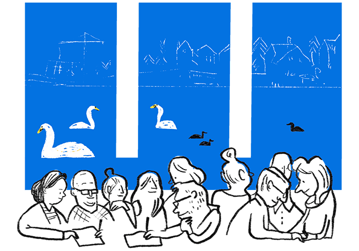 Teikning af fólki á fundi í Ráðhúsinu.