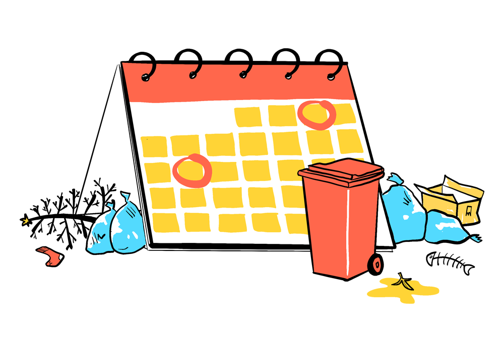 Teikning af dagatali, sorptunnu og allskonar sorpi