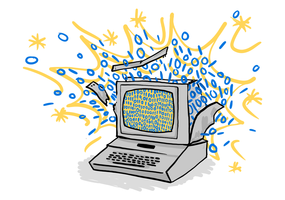 Teikning af gamalli tölvu að springa.