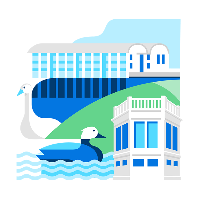 Teikning af fuglum á tjörninni, Hljómskálanum og Ráðhúsinu.