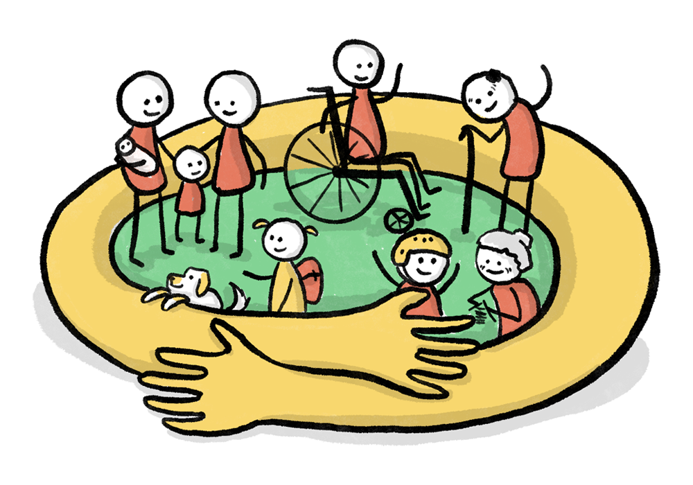Illustration of arms warmly embracing a diverse group of people.