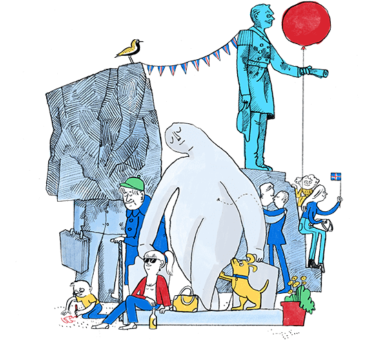 Composed illustration of people and statues on a celebratory day in Reykjavik
