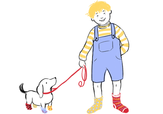 Boy and a Dog Wearing Mismatched Socks