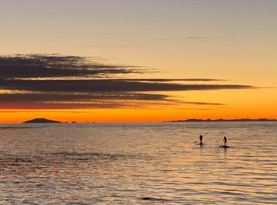 Mynd af tveimur manneskjum á brimbrettum undir sólarlagi við Reykjavík.