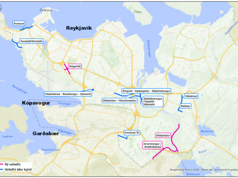 Kort yfir staðsetningar göngu- og hjólastígaframkvæmda