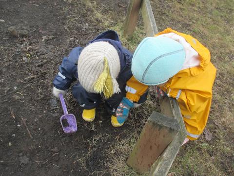 Tveir krakkar moka í sandkassa á leikskóla.