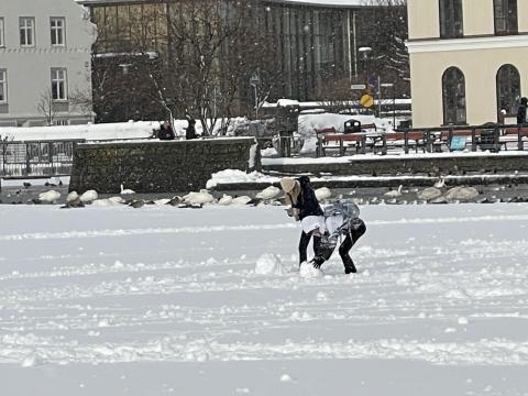 Tvær stelpur leika sér í snjónum á Tjörninni