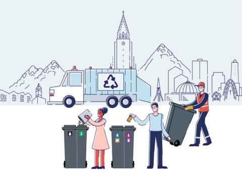 Teikning af fólki, flokkunartunnum og sorphirðubíl.