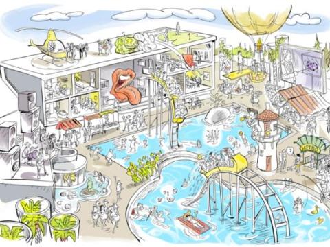 Teikning af lifandi Laugardalslaug.