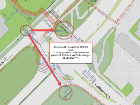 Kort af svæðinu þar sem umferðarljós verða óvirk við Gullinhamra.
