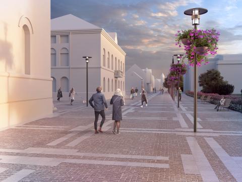 Þrívíddarteikning af breytingum á Kirkjustræti við Alþingishúsið að degi.