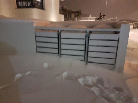 Snjór fyrir sorptunnum í sorphirðugerði.