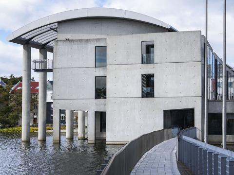 Ráðhús Reykjavíkur og brúin í hlutlausu veðri.