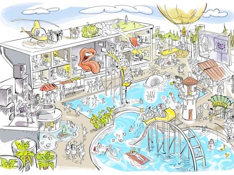 Teikning eftir Halldór Baldursson vegna hugmyndasöfnunar um framtíð Laugardalslaugar.