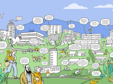 Teikning af mannlífi í Háaleiti og Bústaðahverfi.