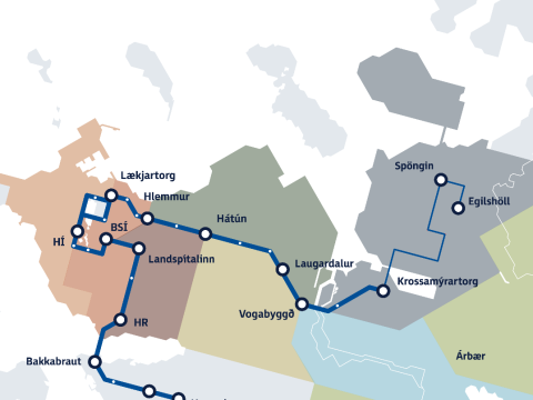 Grafísk mynd/kort af fyrsta áfanga Borgarlínu, frá Hamraborg, niður í miðbæ og svo í Grafarvog.