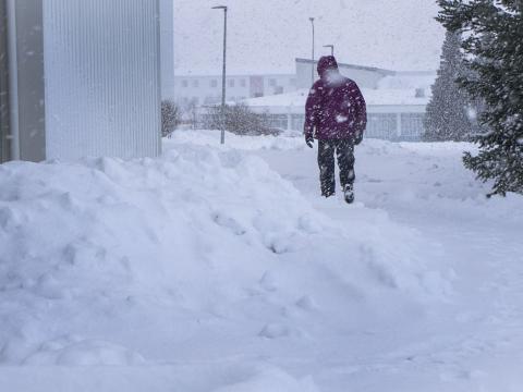 Maður gengur í köldu veðri í Reykjavík.