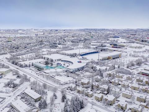 Aerial view of snow-covered Laugardalur.