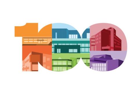 Lógó fyrir 100 ára afmæli Borgarbókasafnsins. Talan hundrað, litrík, með öllum söfnunum innan í stöfunum. Hvítt í kring svo lógóið sjáist allt.