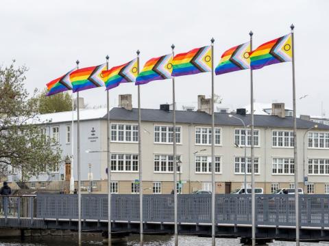 Ný útgáfa af Process Pride fánanum blakta við hún við Ráðhúsið í Reykjavík.