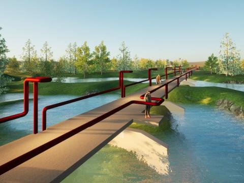 Tölvuteiknuð mynd af göngu- og hjólabrú yfir Elliðaár.