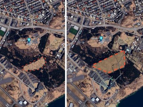 samsett grafísk loftmynd sem sýnir hvernig skógur í Öskjuhlíð liti út ef orðið yrði við kröfum Isavia um fellingu trjáa