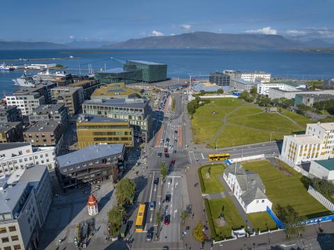 Aerial view of Lækjargata, Arnarhóll, and surrounding areas.