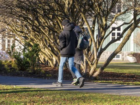 Tveir menn ganga í Reykjavík í haustsólinni