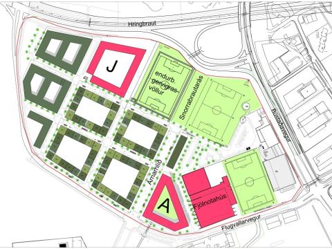 Skýringarmynd frá ALARK arkitektum ehf. sem sýnir fyrirhugaða uppbyggingu á A og J reitum á Hlíðarendasvæðinu. Teikning, loftmynd.