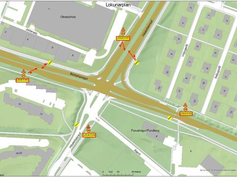 Teiknað kort yfir gatnamót Bústaðavegs og Háaleitsbrautar.