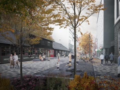 Teiknuð mynd af fólki á gangi í Austurstræti. Tré og hús í kring.