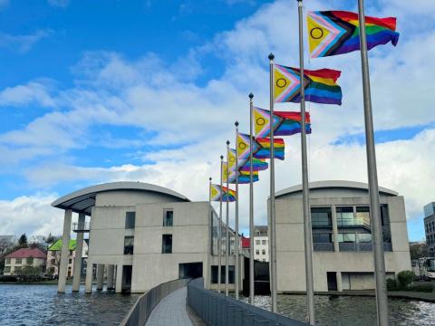Flaggað við Ráðhús Reykjavíkur í tilefni af IDAHOBIT deginum.