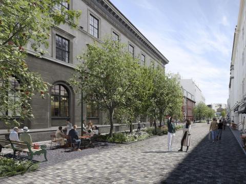 Teiknuð mynd af Austurstræti sem göngugötu með fólki og trjám og húsum beggja vegna.