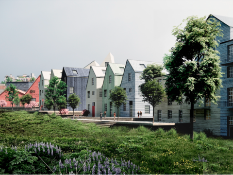 Teikning af húsum og gróðri