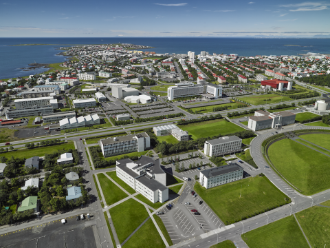 aerial photo of the university area, showing grass and buildings.