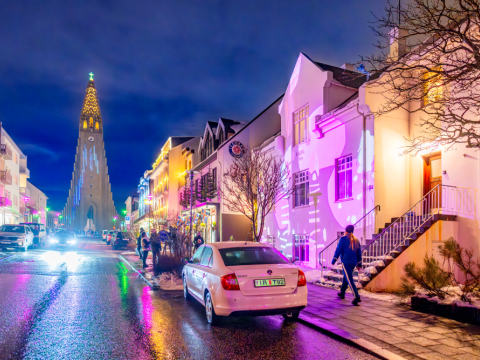 Skólavörðustígur during Winter Lights Festival 2024. Hallgrímskirkja at the end of the street