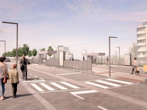 Teikning af götu og hjólastíg við Suðurlandsbraut. Almenningsvagn og fólk á gangi.