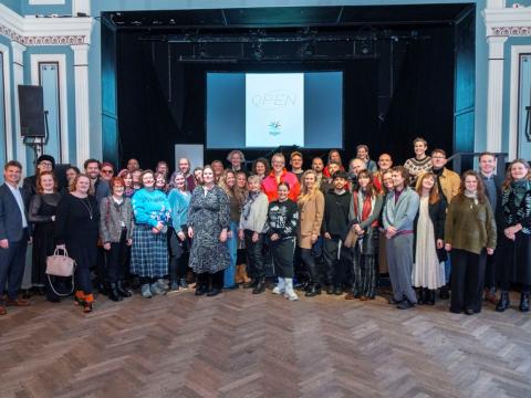 The group of cultural grant recipients gathered at Iðnó today.