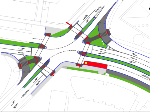 Teikning af gatnamótum Grensásvegar og Ármúla