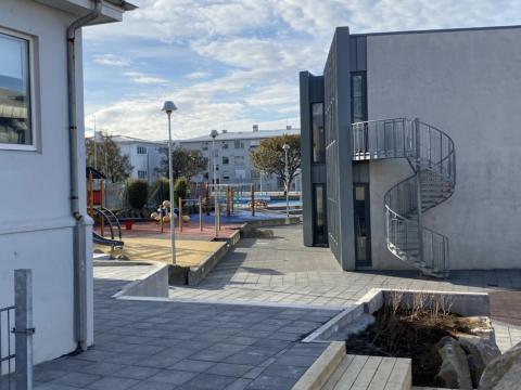Building and playground area.
