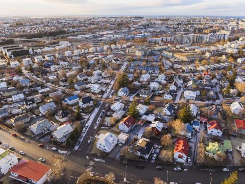 Aerial photo of the city, with Nökkvavogur and nearby streets in the foreground.