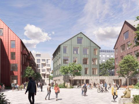 Grafísk teiknuð mynd af fyrirhuguðu útliti almenningstorgs á Kringlureit