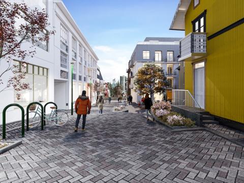 Illustration of the street space with buildings on either side.